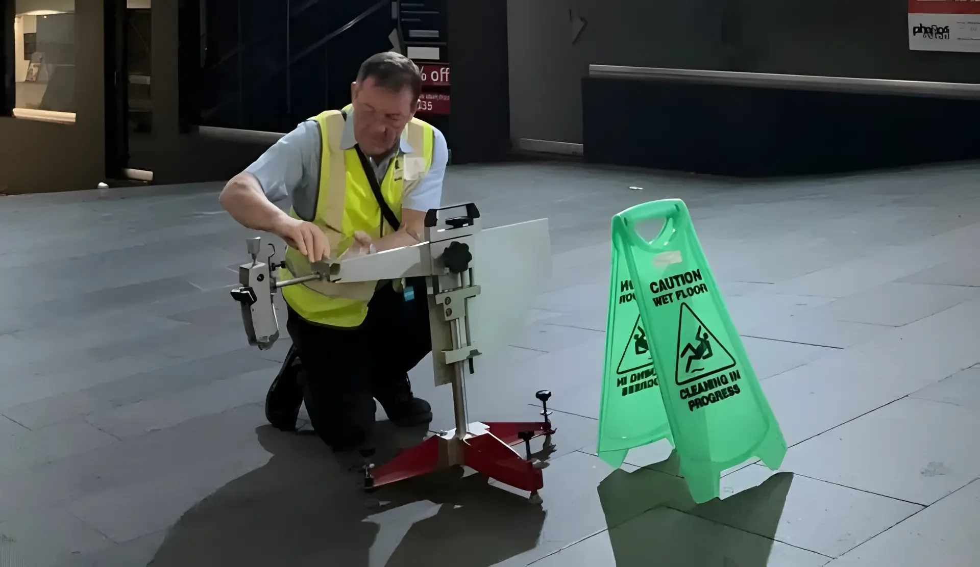 Technician slip testing a mall walkway floor with two green caution signs positioned nearby