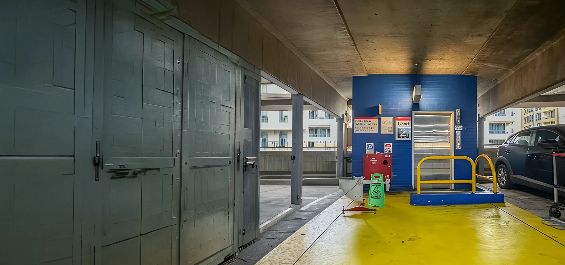 Car park lift lobby with a wet caution sign and slip testing equipment set up for an urgent assessment