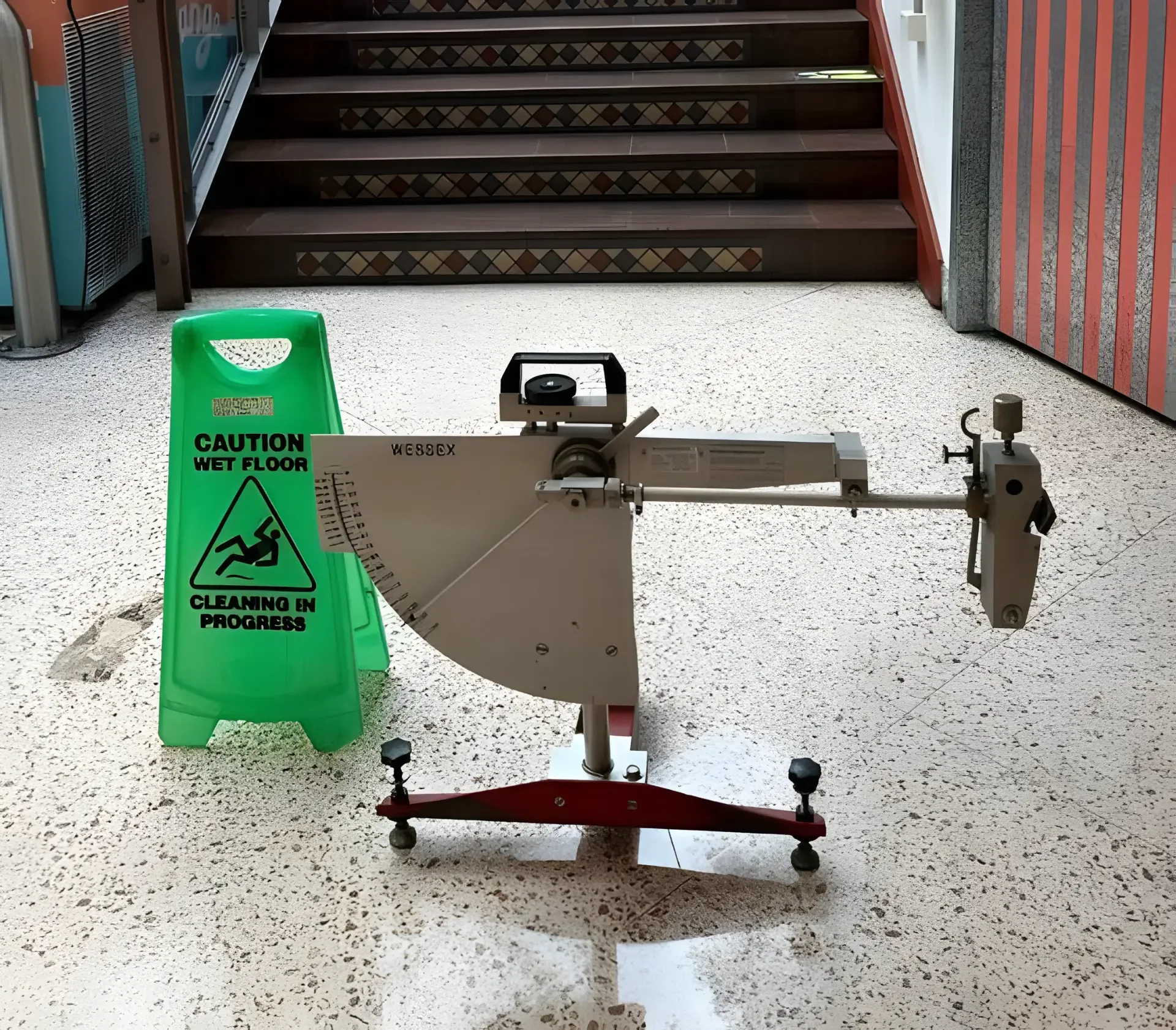 Wet pendulum tester and caution wet floor sign at the base of an indoor staircase