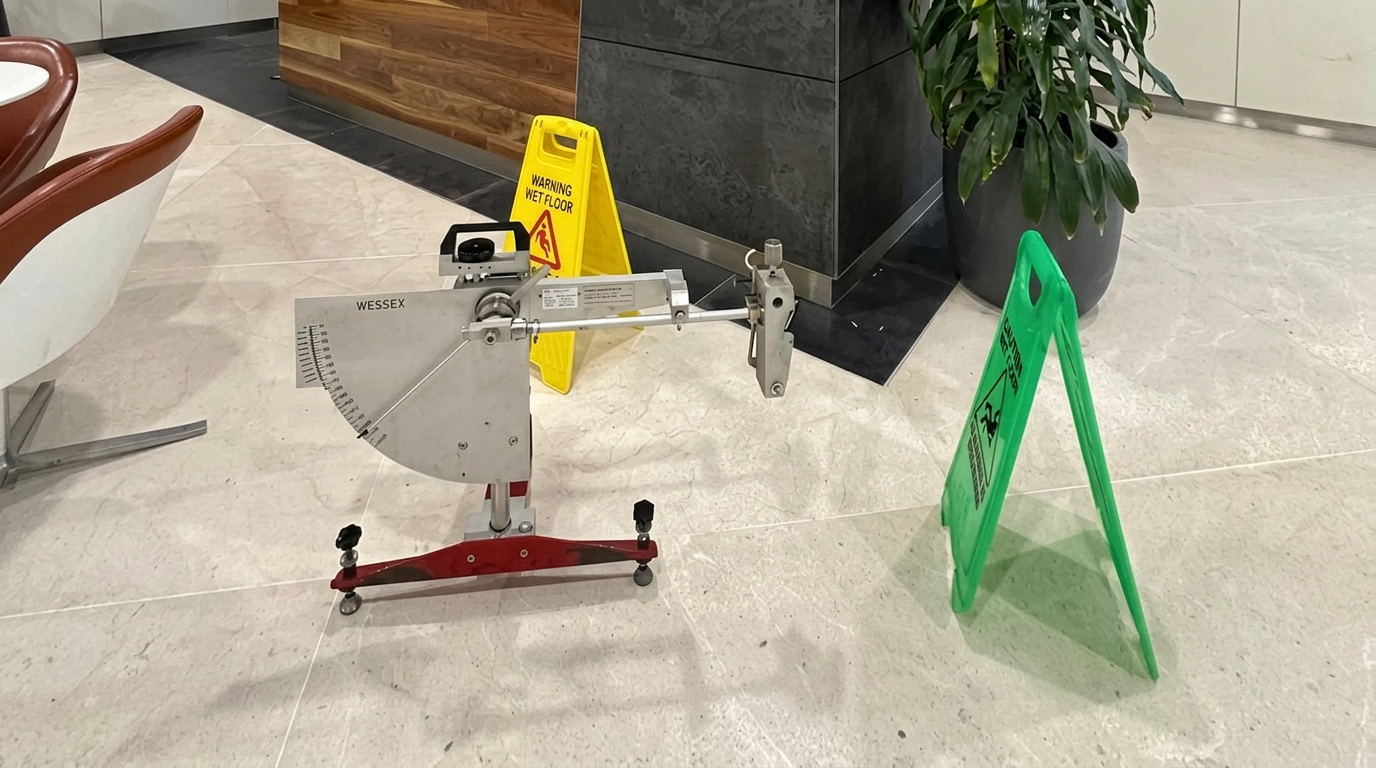 Wessex pendulum tester and wet floor signs in a commercial building lobby