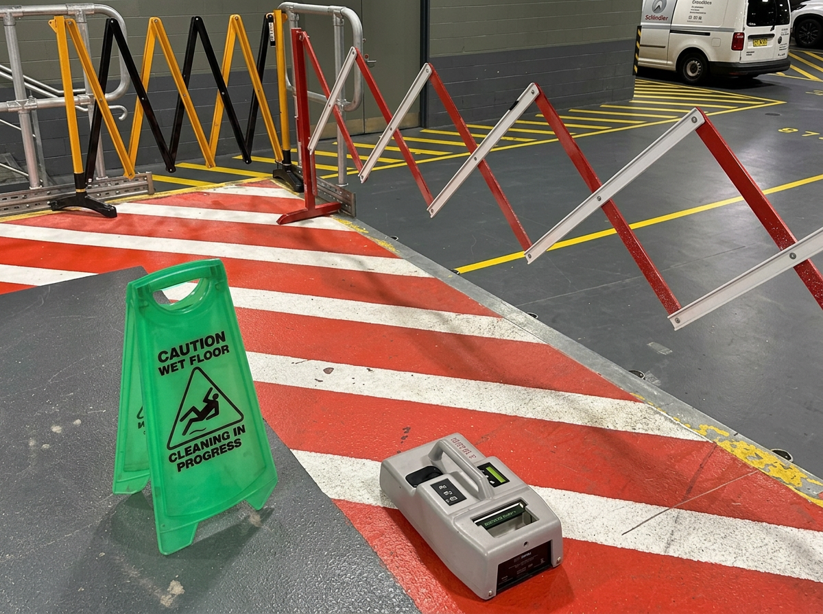 Floor friction tester and wet floor sign on a marked loading dock walkway
