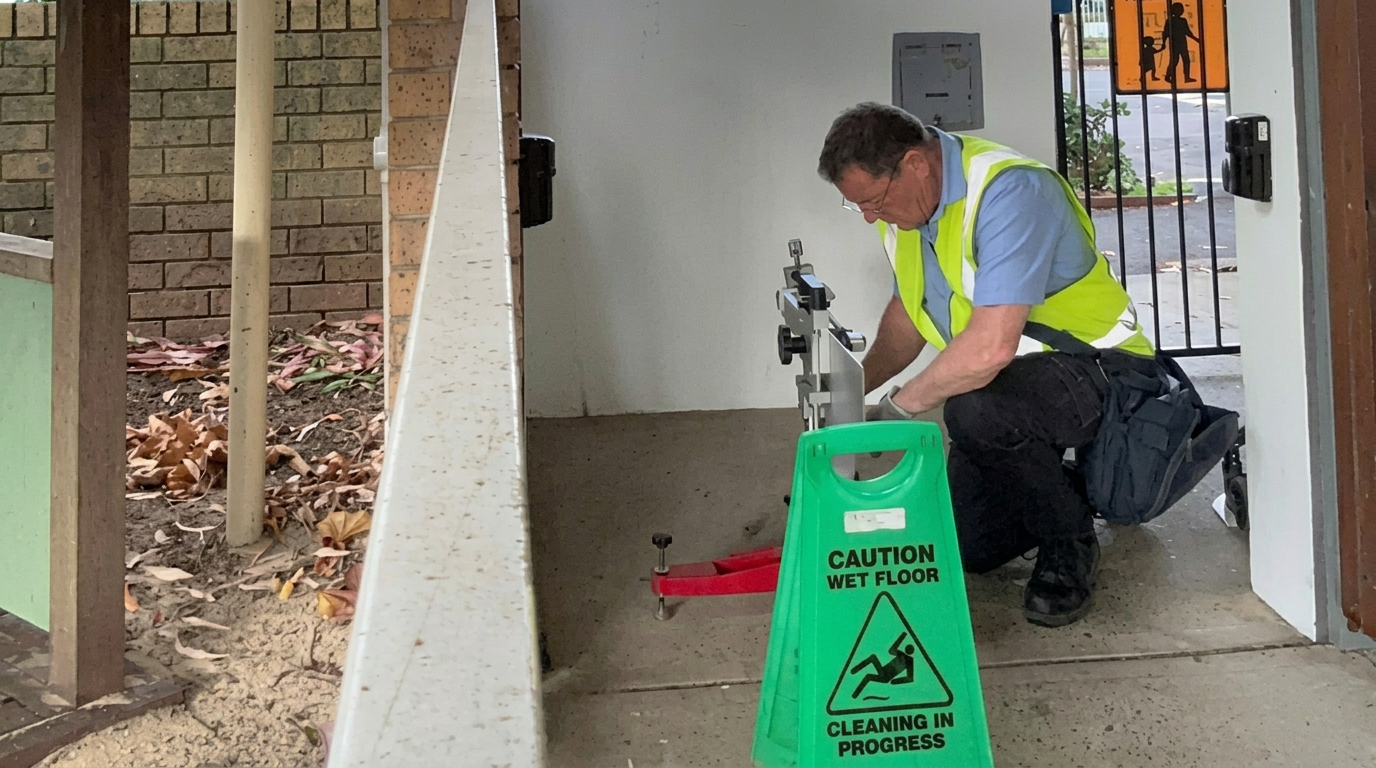 Daniels Associates technician testing a covered school walkway