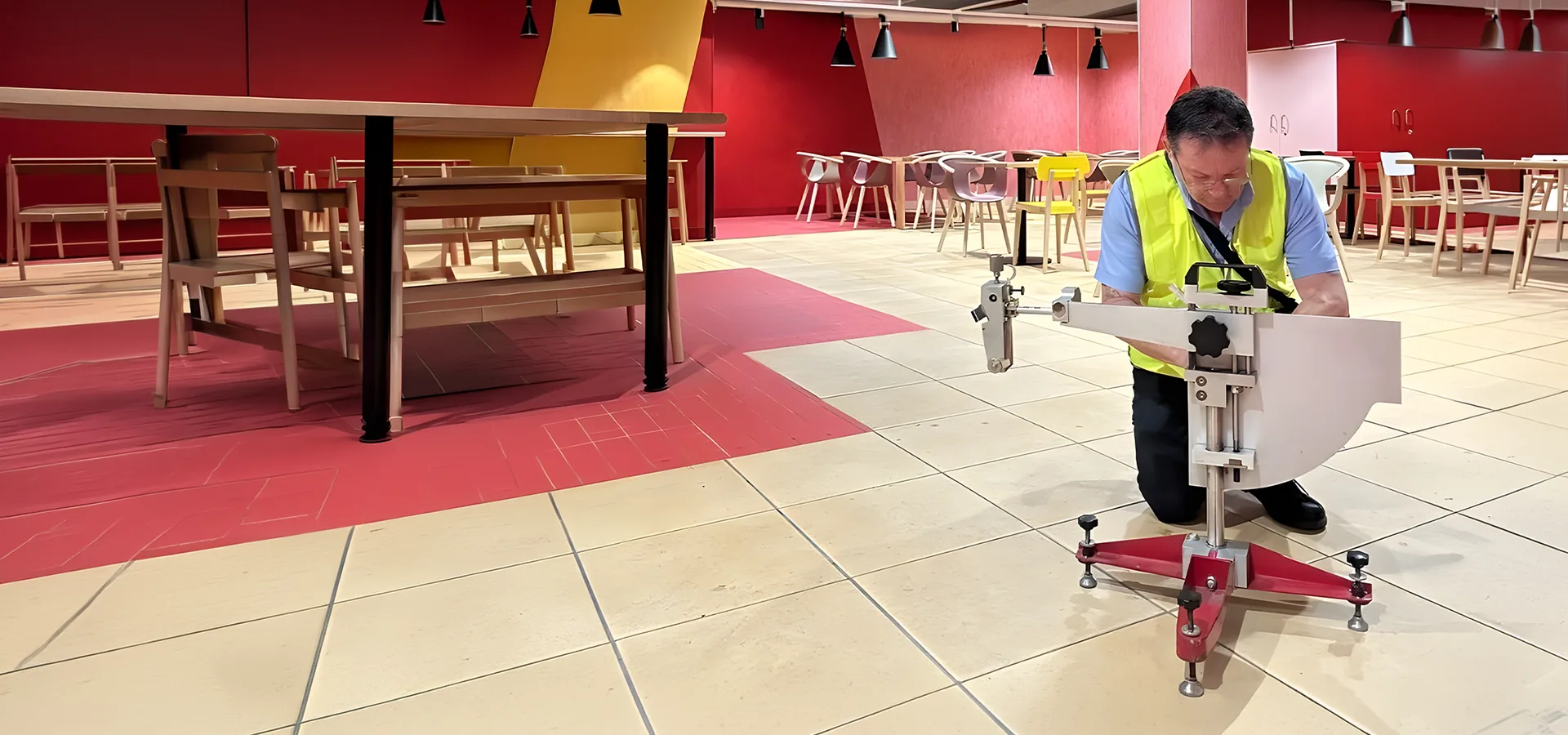 Daniels Slip Testing technician in a high visibility vest operating a pendulum slip tester on tiled flooring in a food court dining area