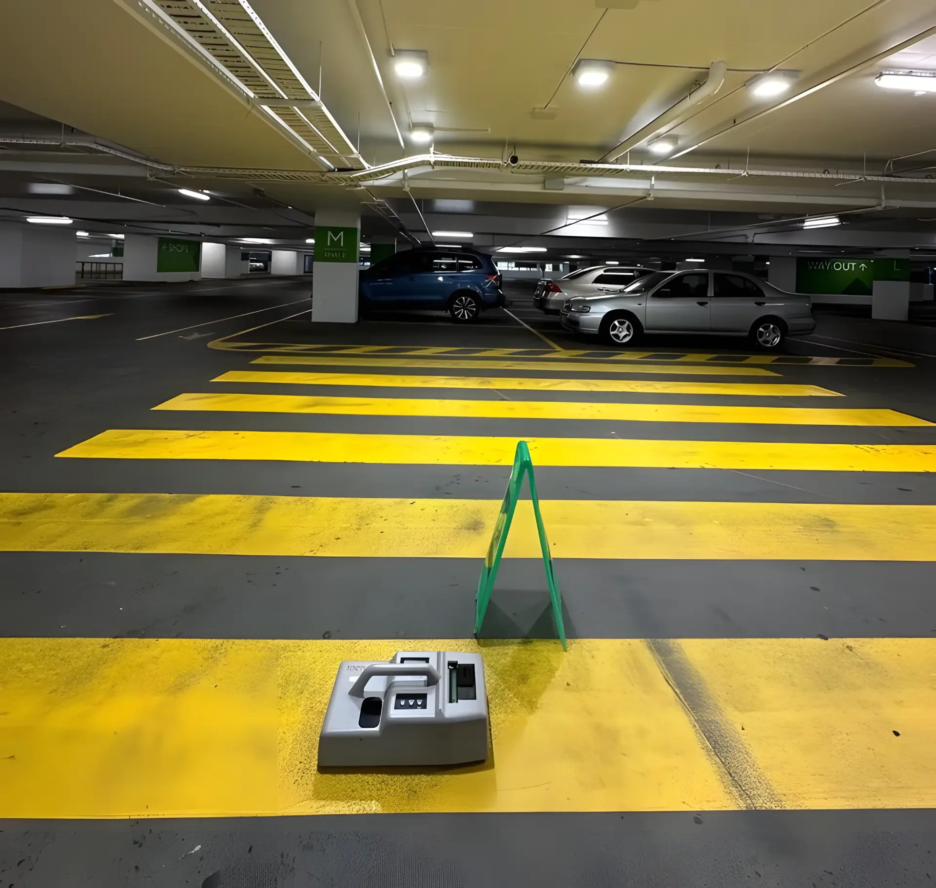 Slip testing equipment on a yellow pedestrian crossing inside an underground car park