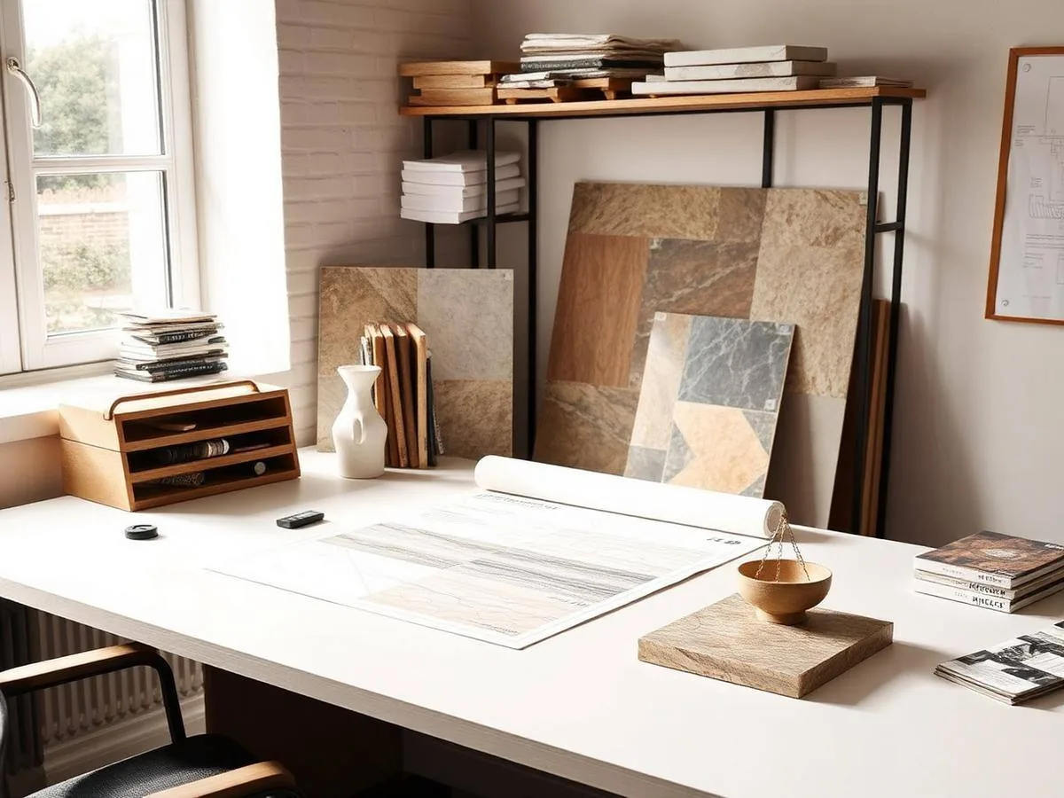 Architect's desk with stone and tile flooring samples