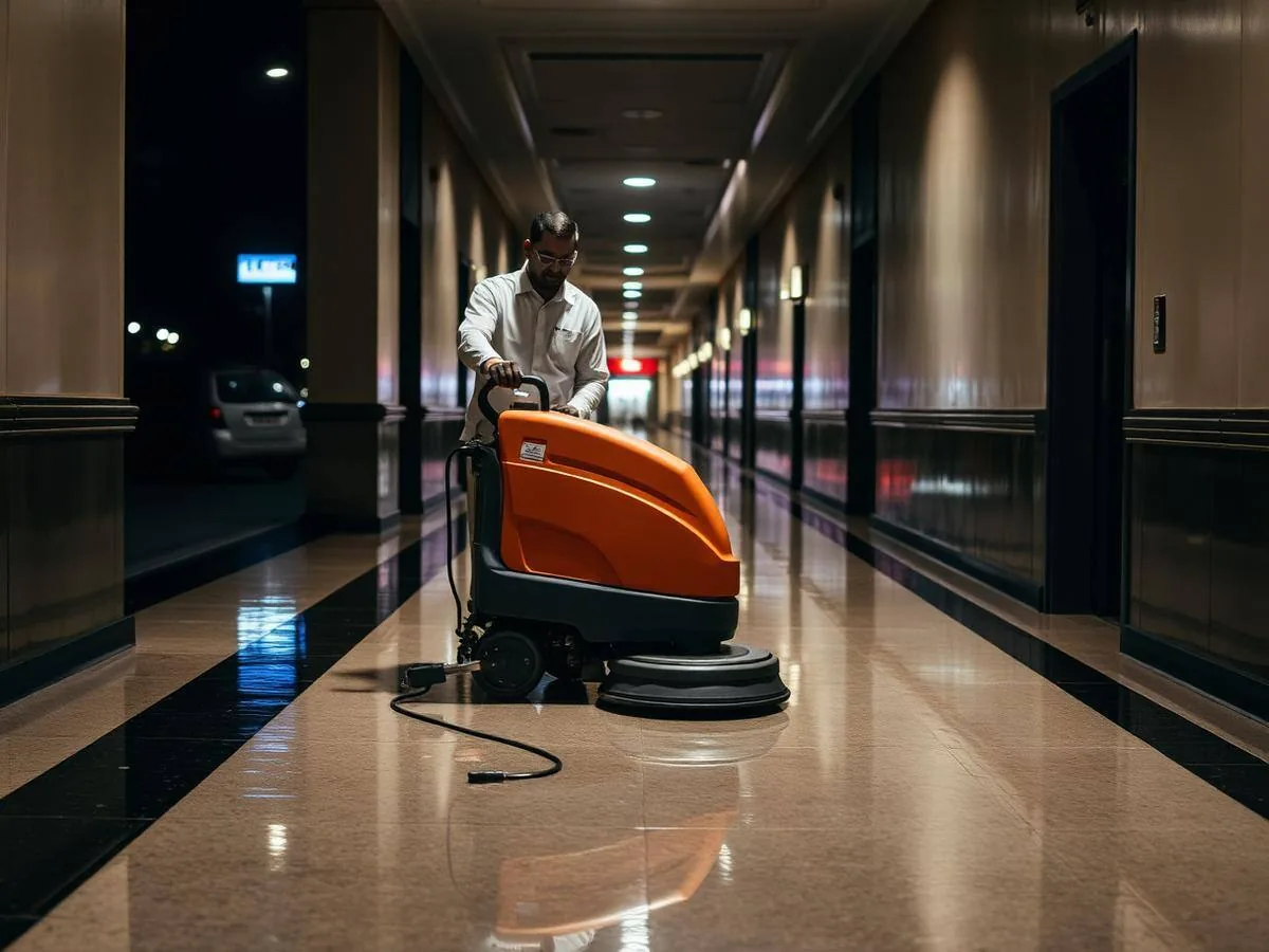 Cleaner operating a scrubbing machine on a wet corridor floor