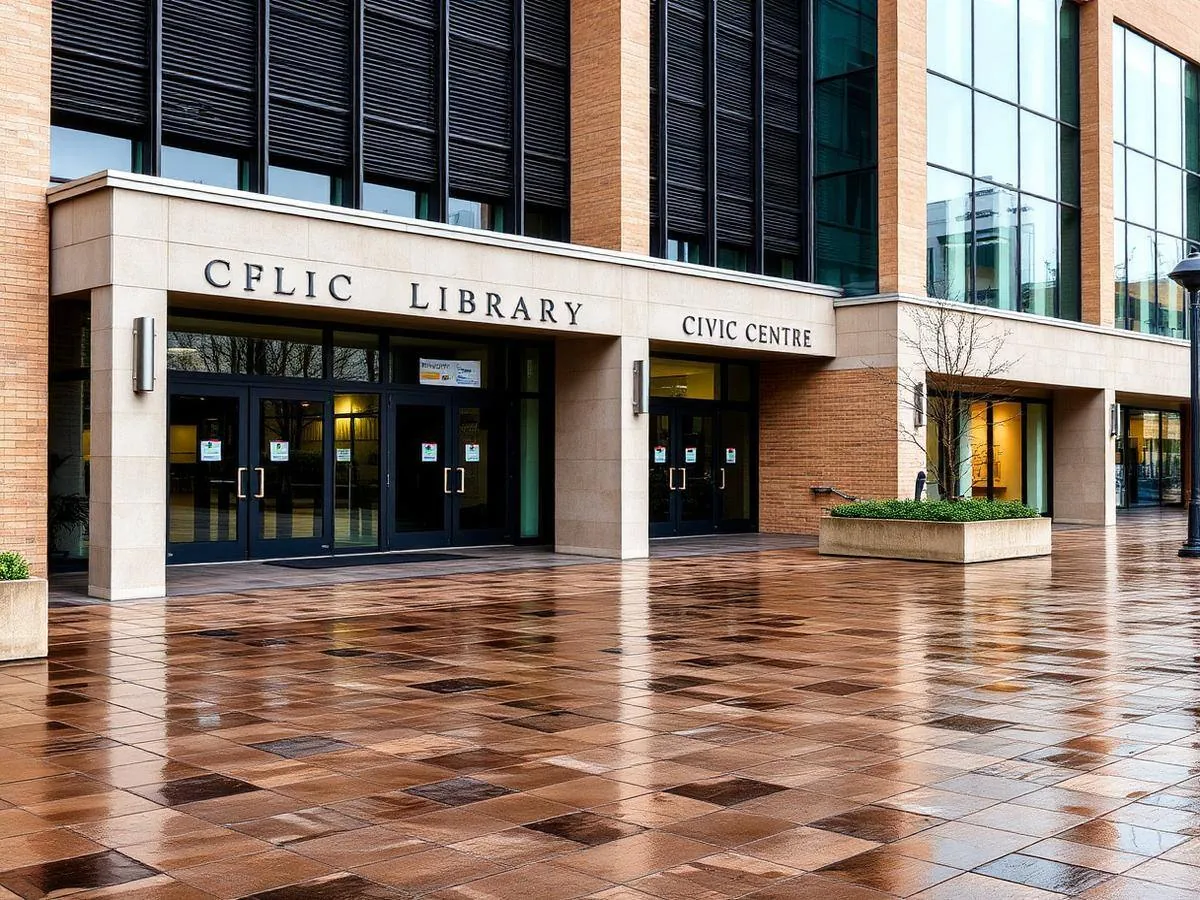 Civic building forecourt with wet paving after rain