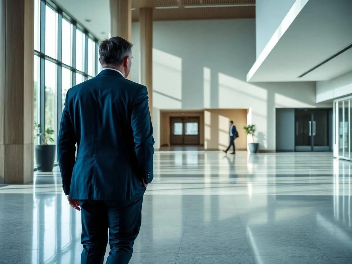 Commercial building lobby with polished floor finishes