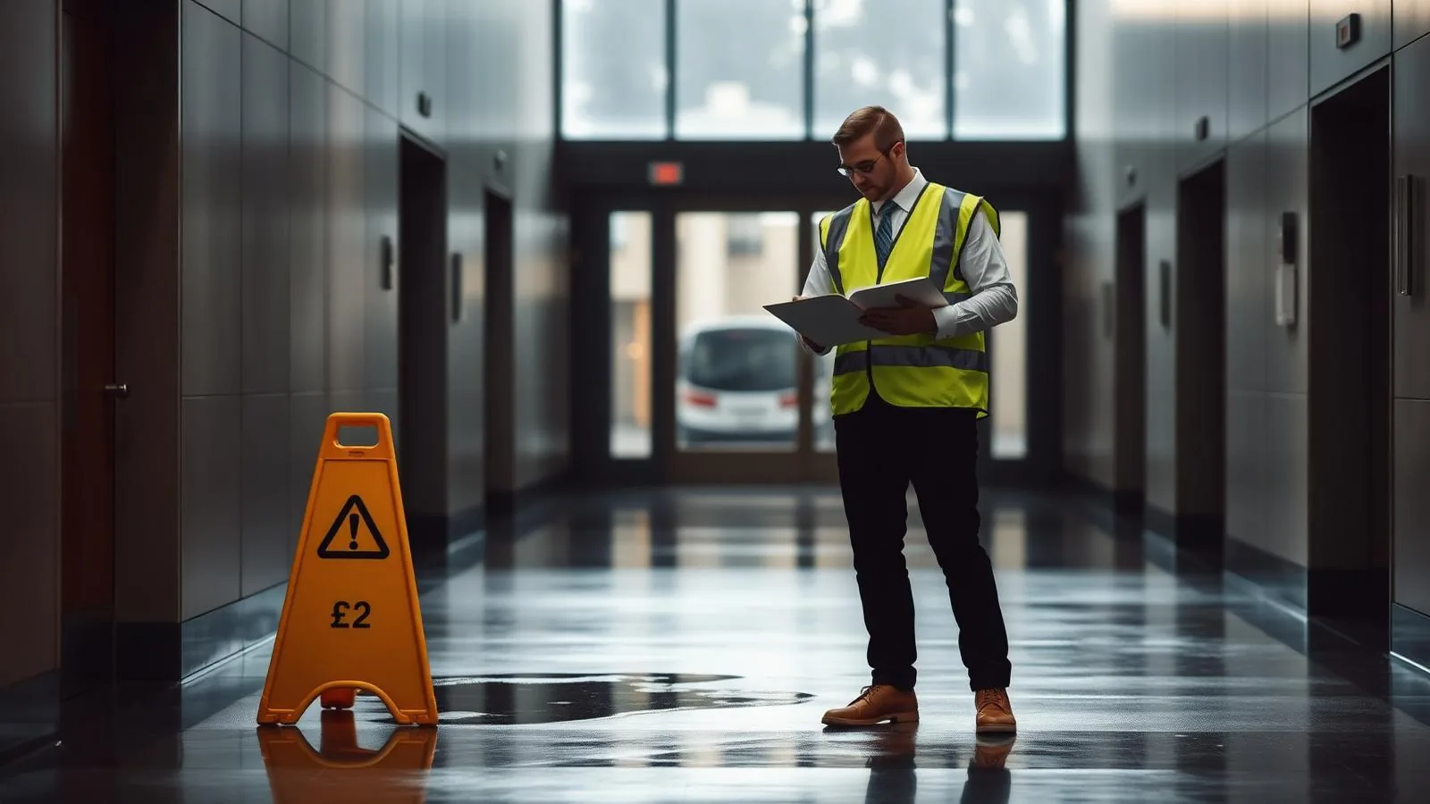 Safety consultant assessing a wet building lobby floor beside a caution sign