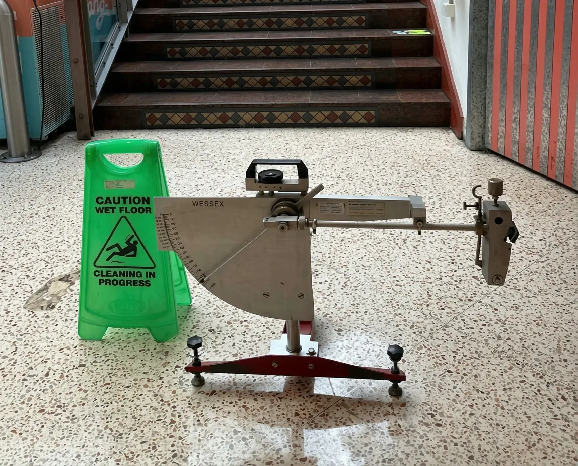 Pendulum tester beside a wet floor sign after cleaning