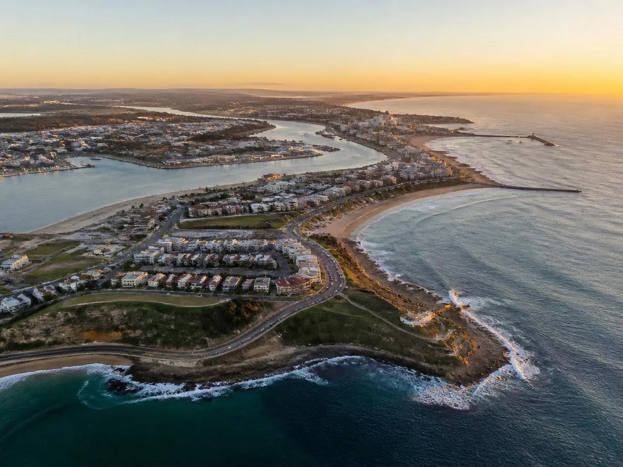 Aerial view of the New South Wales coastline near Newcastle at sunset